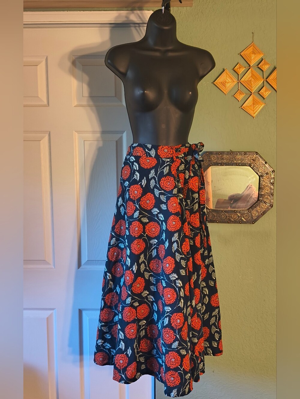 The Parlour Navy Orange Marigold Floral Wrap Midi Skirt S/M